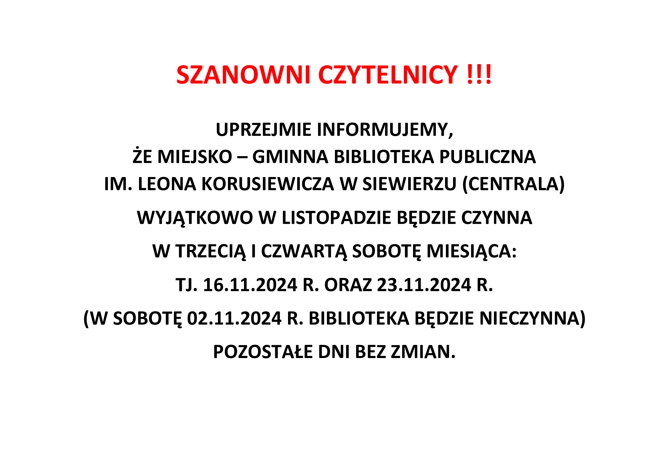 WAŻNA INFORMACJA O SOBOTACH