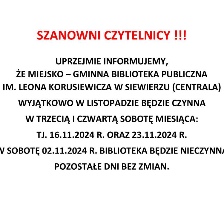 WAŻNA INFORMACJA O SOBOTACH